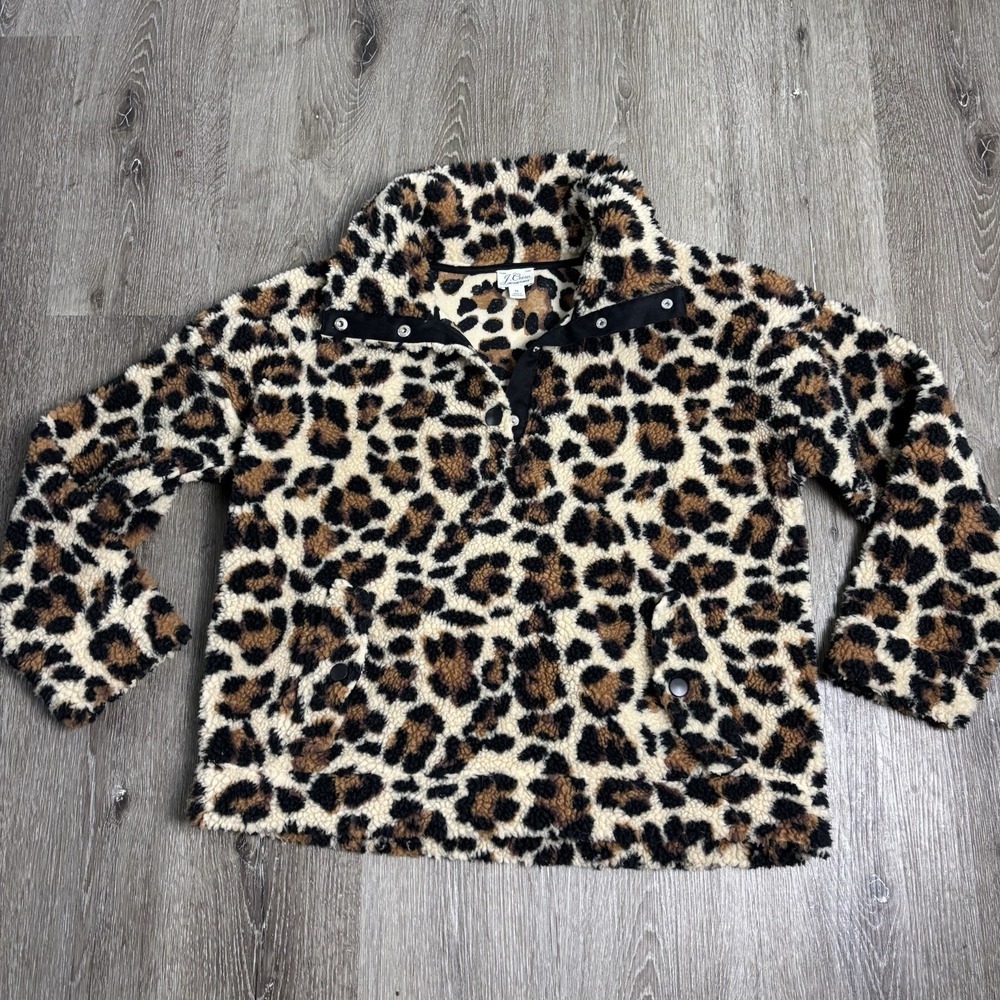 J. Crew Vintage Fleece Sherpa Sweatshirt Women's M Leopard Snap Collar AH344